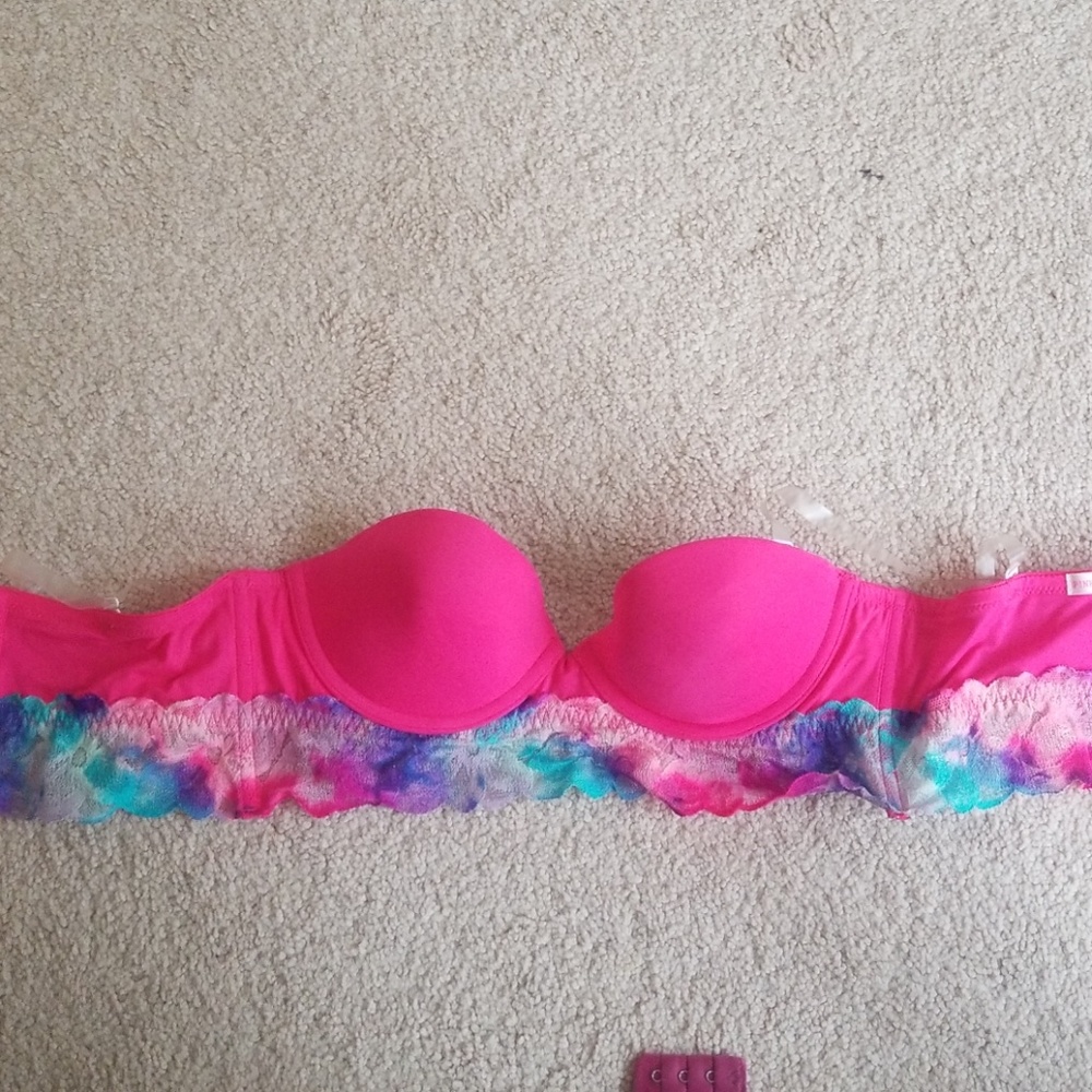 VS Pink strapless bra with watercolor lace band
